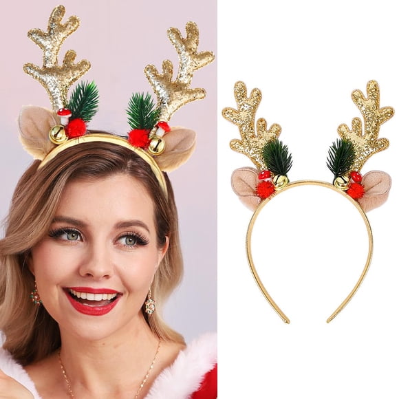 JEAIRTS Diadema de astas de reno navideñas con lentejuelas y orejas de asta, banda para el cabello navideña, lindas diademas navideñas, accesorios para mujeres (1-dorado)