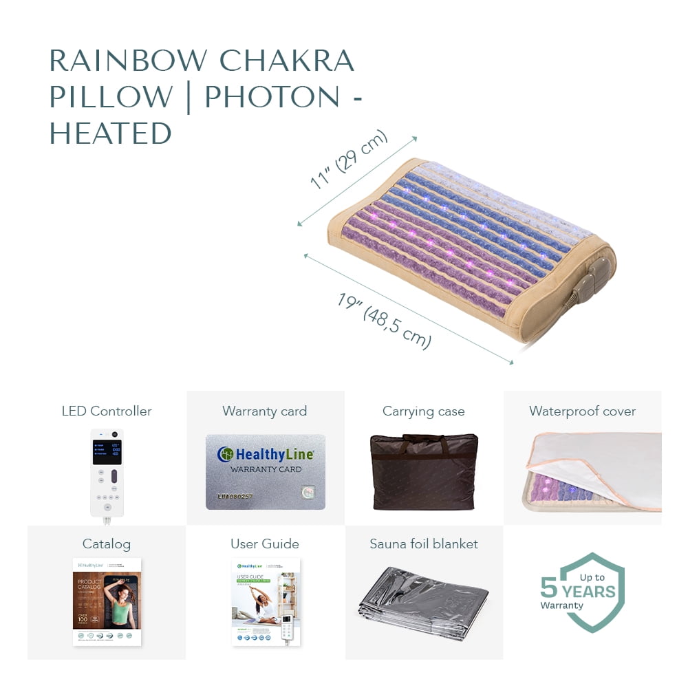 HealthyLine Rainbow Chakra Heated Pillow – 20” x 12” Far Infrared Neck Heating Pad with PEMF Therapy