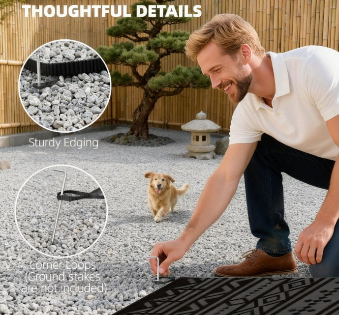 9' x 18' Black & Gray Geometric Wall Reversible Outdoor Patio Rug, Waterproof Plastic Straw RV Camping Rug with Carry Bag, Foldable Fade Resistant Mat