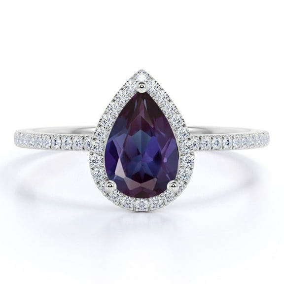 JeenMata Huge 1.25 Carat Pear Cut Lab Created Alexandrite and Natural Moissanite Halo Half Eternity Engagement Ring in 18k White Gold over Silver