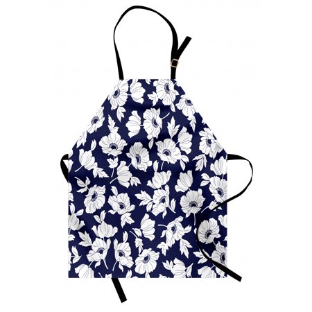 Flower Apron  Botanical Arrangement with Poppies in White Simple Feminine Corsage Spring  Unisex Kitchen Bib with Adjustable Neck for Cooking Gardening  Adult Size  Indigo and White  by Ambesonne