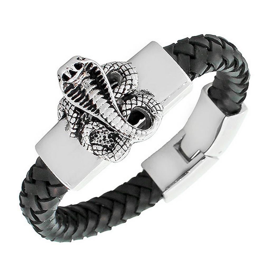 Stainless Steel Black Leather SilverTone Snake Cobra Men's Bracelet
