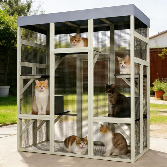 Outdoor Catio, Cat Enclosure with Waterproof Roof and Cat Houses, Secure Rust-Proof Wire and Multi-Level Platforms, Outdoor Cage for Cats, Wooden Structure for Patio or Backyard, 62.6 Inch Gray