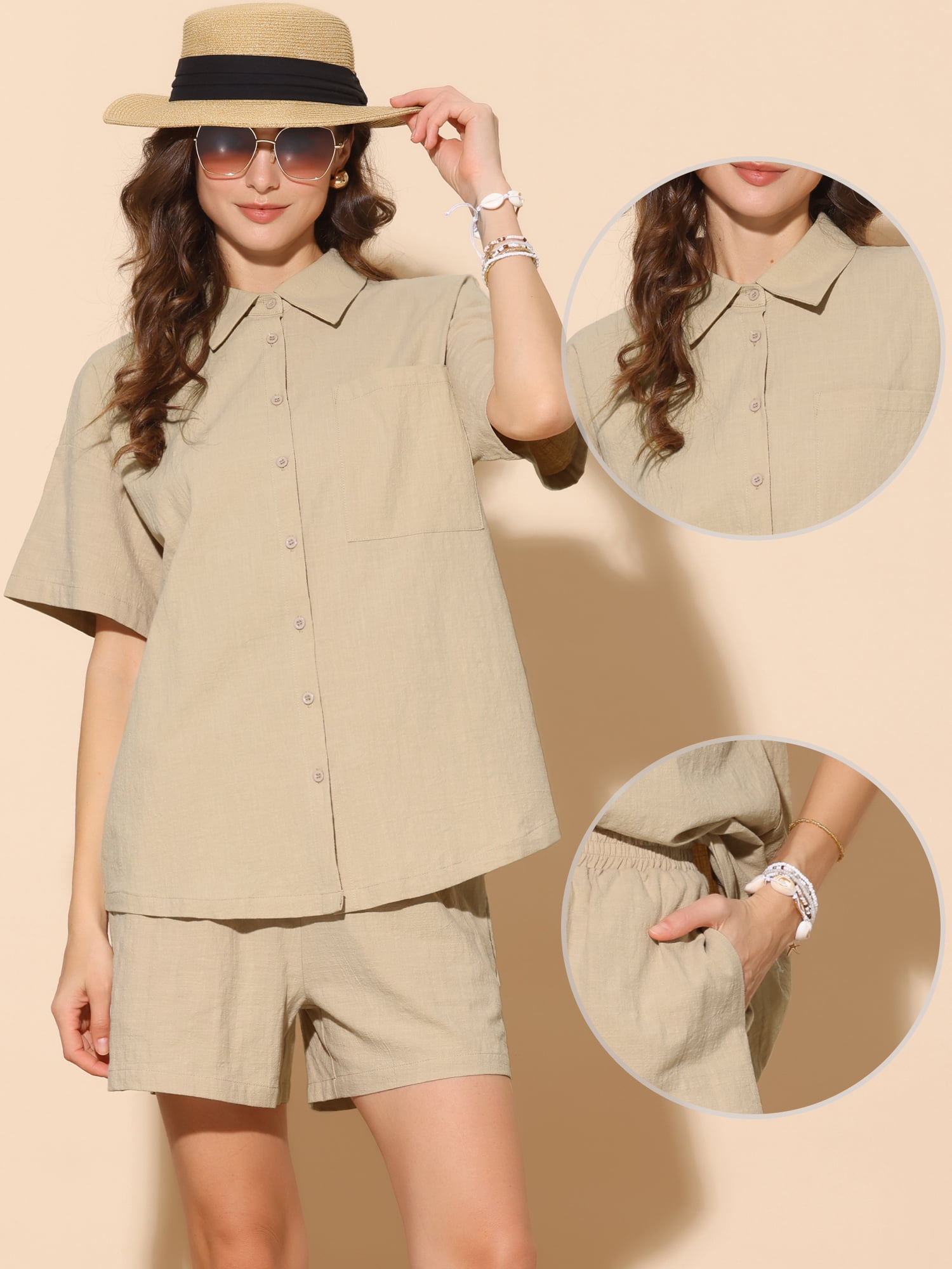 DARING DIVA 2 Pcs Women's Cotton Button Down Shirt Lounge Beach Short Sets XL Khaki