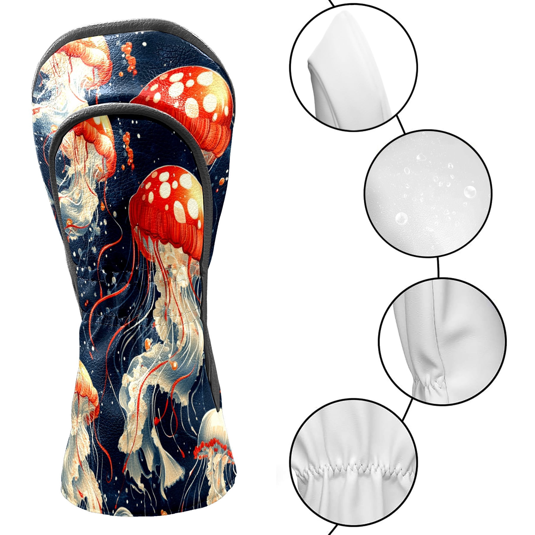 Golf Club Covers PU Leather Waterproof Head Covers for Fairway Woods Hybrids Red Jellyfish