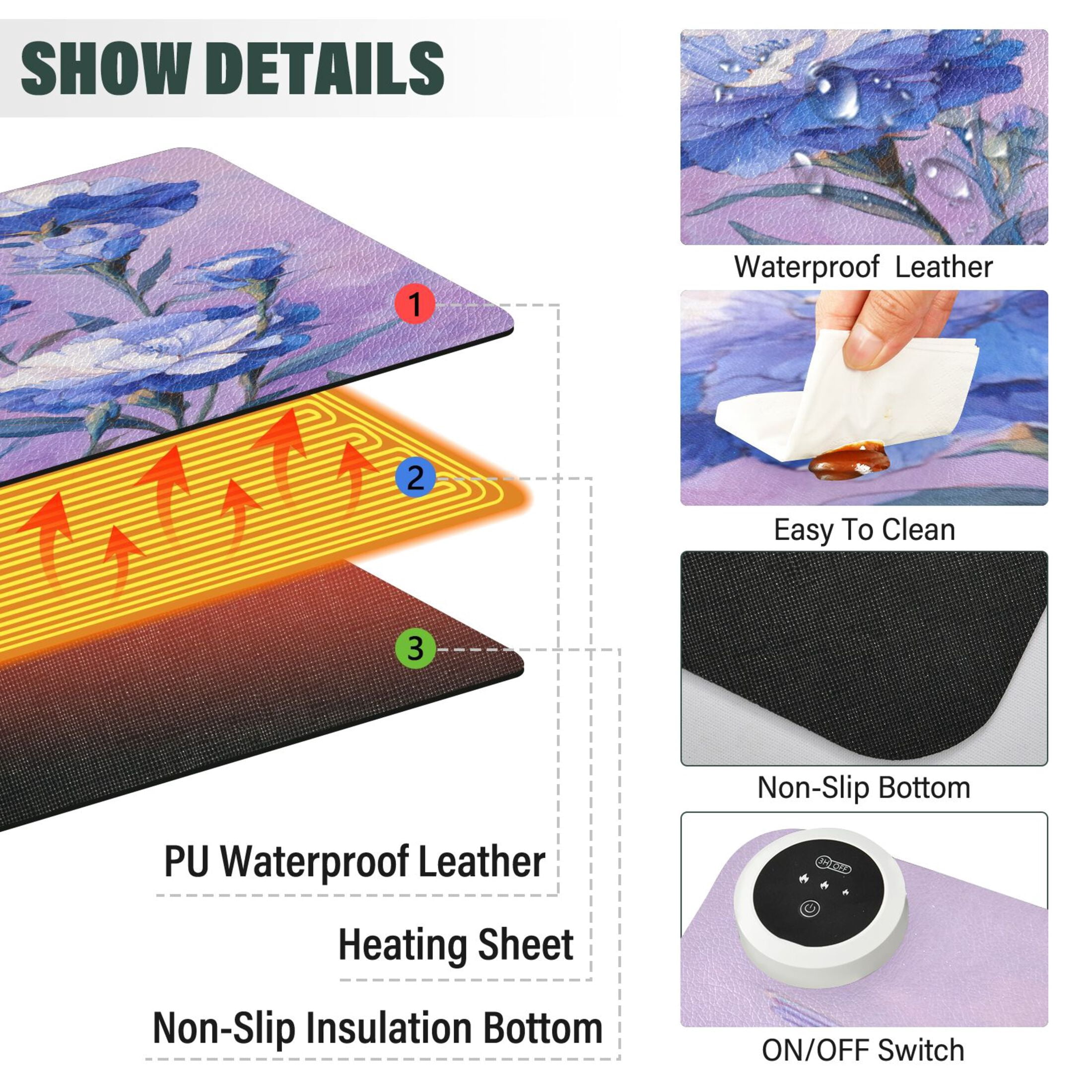 Large Heated Desk Mat Mouse Pad 31.5"x13"PU Leather Graphene Heating Desk Warmer with 3 Temperature Settings 110V US Plug Non-Slip Warm Pad for Home, Office, and Gaming Birds and Deep Blue Flowers