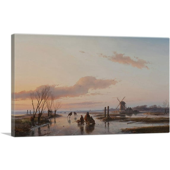 ARTCANVAS Frozen Waterway 1845 Canvas Art Print by Andreas Schelfhout - Size: 26" x 18" (1.50" Deep)