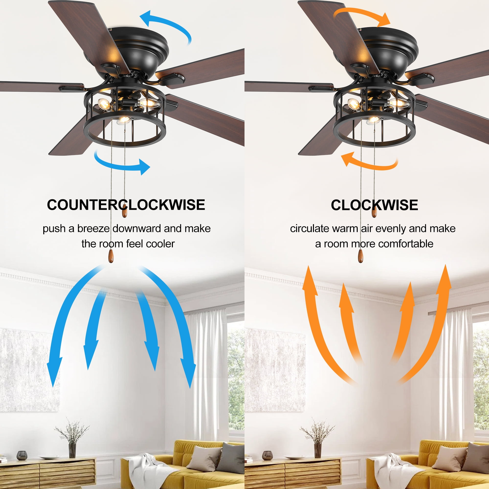 ALKAFY 52-inch Traditional Flush Mount Ceiling Fan with Light, Pull Chain and Classic Plywood Blades for Bedroom, Living Room, Kitchen