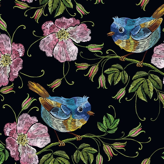 CHIHUT 17.7”x100” Peel and Stick Embroidered Bird Floral Wallpaper for Living Room Black Pink Wildflower Blue Wren Print Wallpaper for Walls Waterproof Self Adhesive Removable Wallpaper for Bedroom