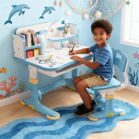 YNCE Kids Desk and Chair Set, Adjustable Height Children Study Table and Chair Set with Drawer, Cartoon Pattern Study Table for Toddlers 3-12 Years