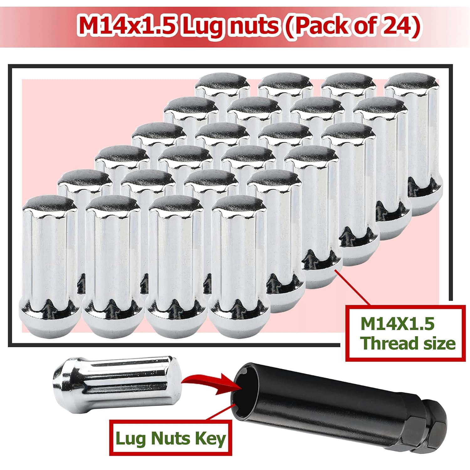 Richeer M14x1.5 Lug Nuts for Silverado Suburban Sierra ram 1500 Escalade Tahoe Traverse Yukon, 24pcs 14x1.5 Chrome Lug Nuts Long Extended XL 7 Spline with Socket Key for 6 Lug Aftermarket Wheels