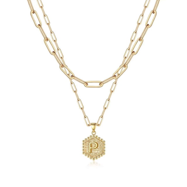 Colliers Initiaux Superposés pour Femmes, Collier Chaîne Trombone Simple Mignon Pendentif Lettre Hexagonale Collier Ras du Cou Initial Or Colliers Superposés pour Femmes, Or P