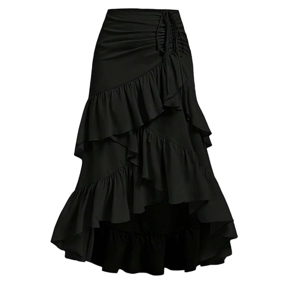 XIAOCHA Ruched Tiered Ruffled Skirt for Women Asymmetric High-Low Flowy Evening Midi Skirt