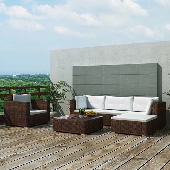 vidaXL 6 Piece Patio Lounge Set with Cushions Poly Rattan Brown