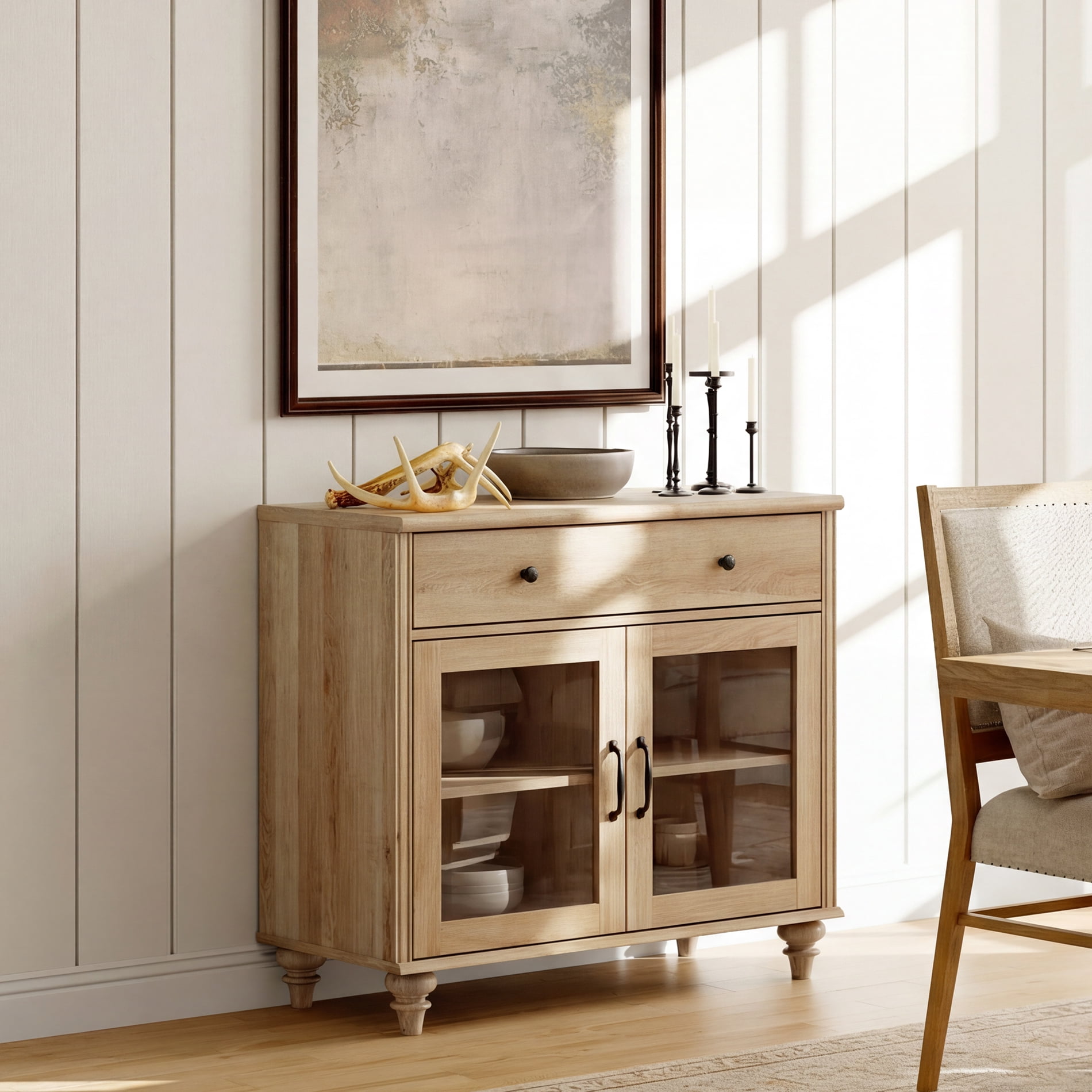 34" Oak Glass Door Buffet Cabinet with Drawer, Farmhouse Sideboard with Storage