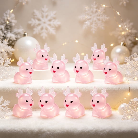 Glow-in-the-Dark Reindeer Figurines, 10-Count Resin Tabletop Set, Pink
