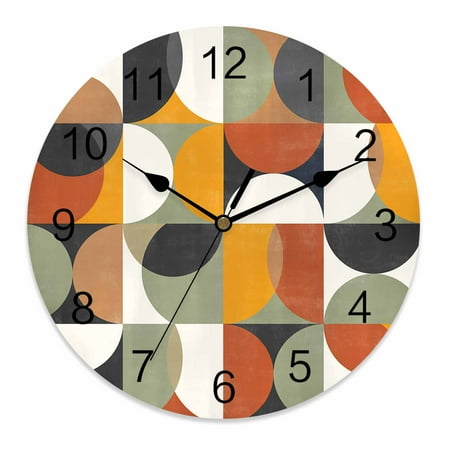 Silent Wall Clocks Battery Operated, Mid-century Modern Round Decorative Wall Clock for Living Room Bedroom Kitchen Bathroom Classroom Decor, 14 Inch Vintage Color Abstract Geometric Pattern