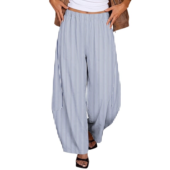 Women's Pinstripe Wide Leg Pants, Elastic High Waist Baggy Casual Trousers with Side Pockets, Lightweight Comfy Barrel Style Pants for Daily Vacation Wear Blue L