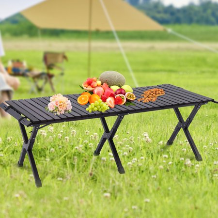 YIYIBYUS Camping Folding Table Wood Portable Picnic Table Foldable Travel Table Walnut Color