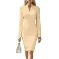 thumbnail image 2 of Women's Office Dress Work Dress Long Sleeve Stand Collar Slim Fit Pencil Bodycon Midi Dress for Commuting Spring Fall,Beige,L, 2 of 6