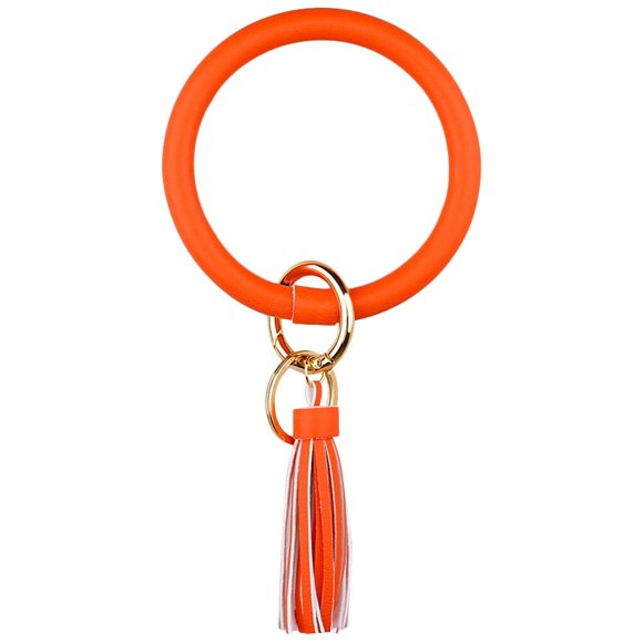 Sold PU Fluorescence Bangle Keyring Tassel Large Circle Wristband Keychain Key Pendant Accessories for Women Ladies (Orange)
