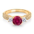 thumbnail image 2 of Gem Stone King 18K Yellow Gold Plated Silver Red Created Ruby White Topaz and White Moissanite Engagement Ring for Women | 2.29 Cttw | Round 7MM and 4MM | Wedding Engagement Anniversary Ring, 2 of 3