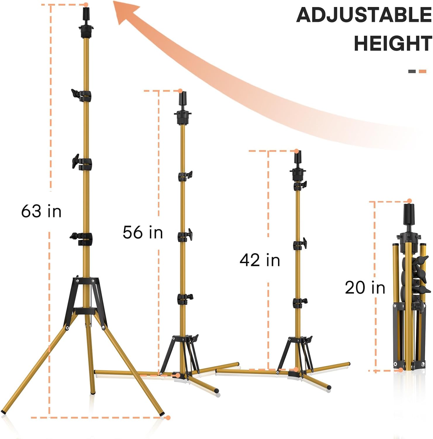 MetalM - Reinforced Mannequin Head Stand, Wig Stand Tripod, Adjustable Floor Holder, Manikin Stand for Cosmetology Hairdressing Training (Golden Metal)