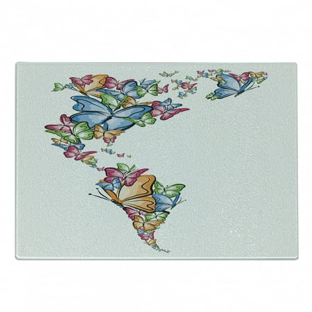 

Wanderlust Cutting Board North South America World Map Silhouette with Butterfly Illustration Decorative Tempered Glass Cutting and Serving Board Small Size Blue Pink Pale Orange by Ambesonne