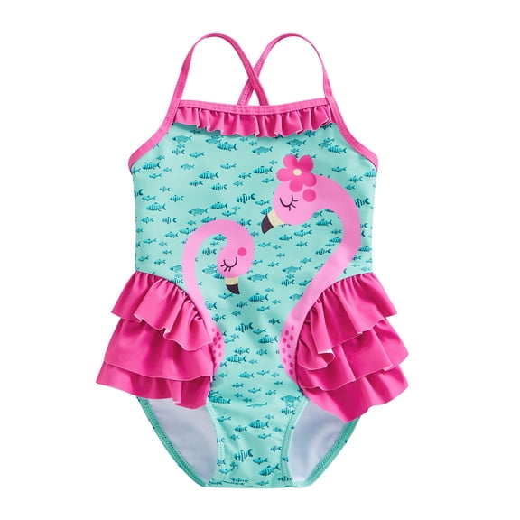 Toddler Girl´s Summer Jumpsuit Bikini, Flamingo Little Fish Print Sleeveless Ruffle Swimsuit