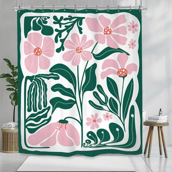 Abstract Flower Matisse Waterproof Shower Curtain Pink Green Plant Minimalist Contemporary Retro Art Groovy Modern Bathroom Set Accessories Decor with Hooks 72"W x 72"L (Pack of 1)