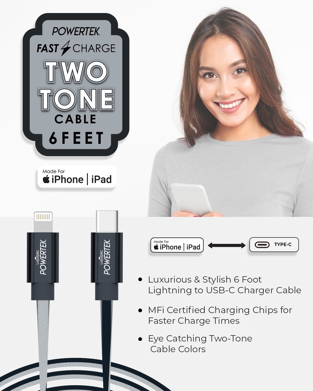 Liquipel Powertek USB C Lightning iPhone Charger Cable [MFI Certified], 6ft Fast Charging, Two Tone