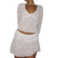 thumbnail image 5 of Coduop Women's 2 Piece Summer Outfits Long Sleeve Deep V Neck Lace Cami Crop Top and Wrap Skirt Set, 5 of 7