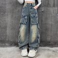 thumbnail image 2 of Girls Black Pants Ripped Jeans For Girls 10-12 Girls Streetwear Denim Cargo Pants High Waist Floor Length Baggy Wide Leg Jeans with Multi Pockets Blue 5-6 Years, 2 of 9