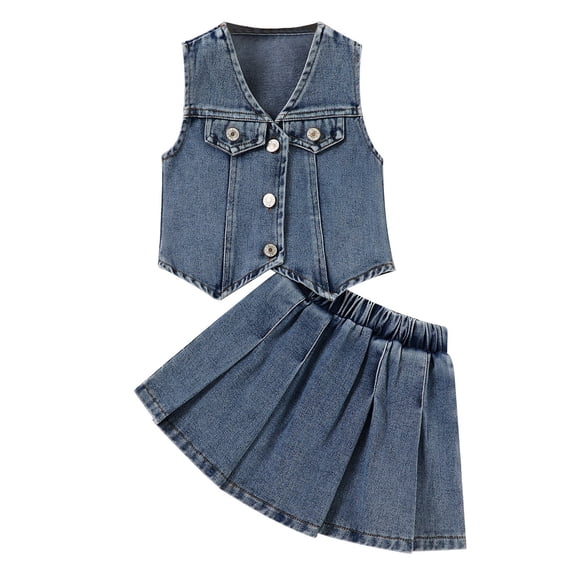 Teen Outfits Sets Little Girls Cowgirl Outfits 2Pcs Skirt Set Denim Jeans Button Down Vest Top Ruffle Tiered Skirts Western Clothes 18M-6Y