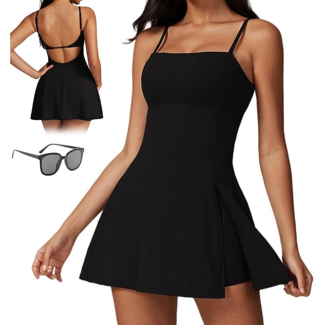 Vestido deportivo 2 en 1 con dobladillo dividido para mujer, vestidos con sujetador y pantalones cortos incorporados, vestido de tenis sin espalda con tirantes finos sin mangas