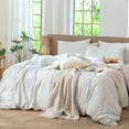 thumbnail image 2 of MooMee Striped Duvet Cover Set King 100% Washed Cotton Linen Like Textured Breathable 3-Piece (White& Heathered Green Wide Stripes), 2 of 7