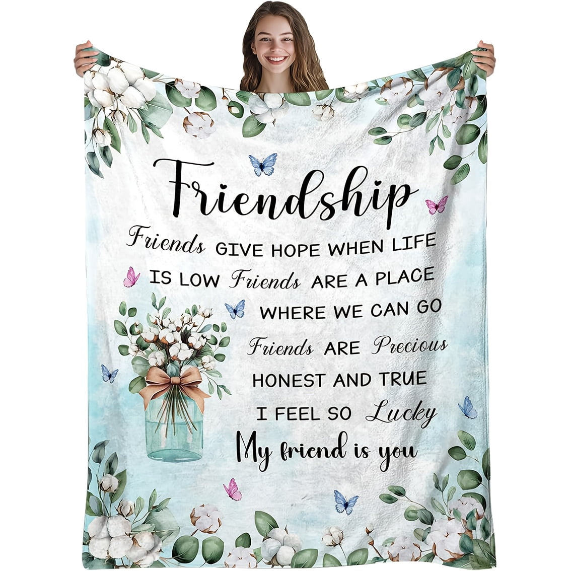 Best Friend Blanket Soft Flannel All Season Gift with Floral & Butterfly Friendship Quotes Lettered "Friendship" Design Women Birthday or Housewarming Present for Soul Sister BFF Gift Idea