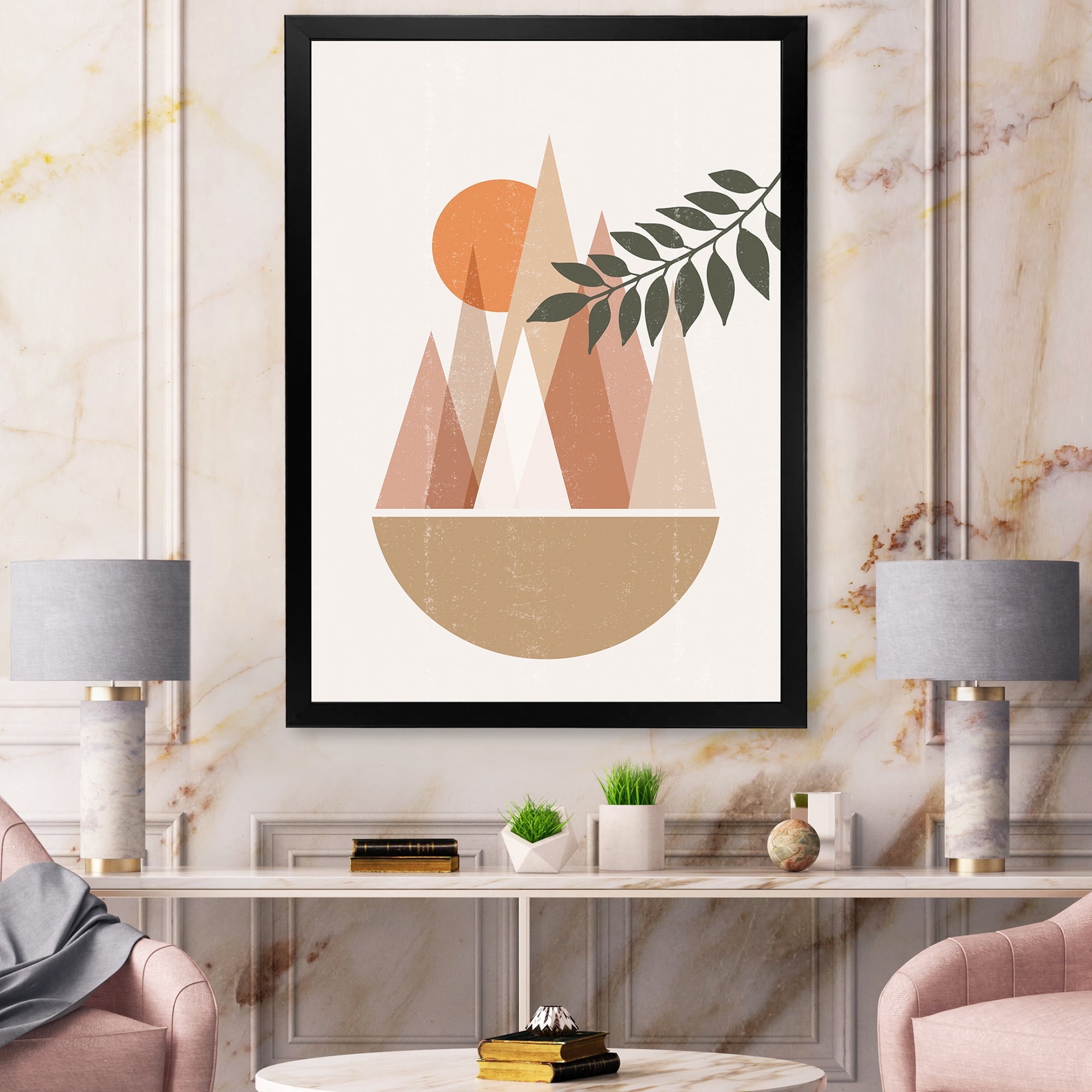 Designart 'Abstract Moon and Sun In Mountains II' Modern Framed Art Print