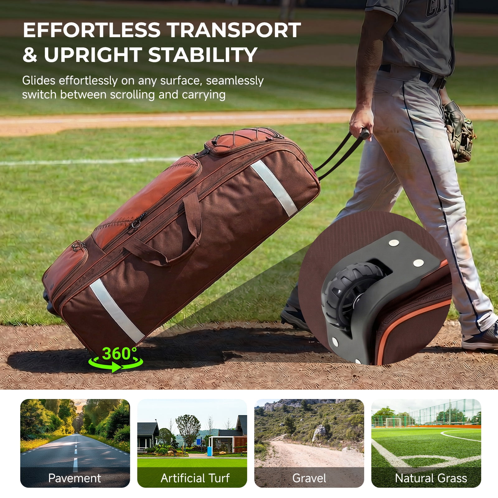 Fegat Rolling Baseball Bag, 100L Large Catcher Gear Bag Softball Bags with Wheels, Youth Equipment Bag Holds 8 Bats, Full Set, with Fence Hooks, Reflective Strip, Shoe Compartment