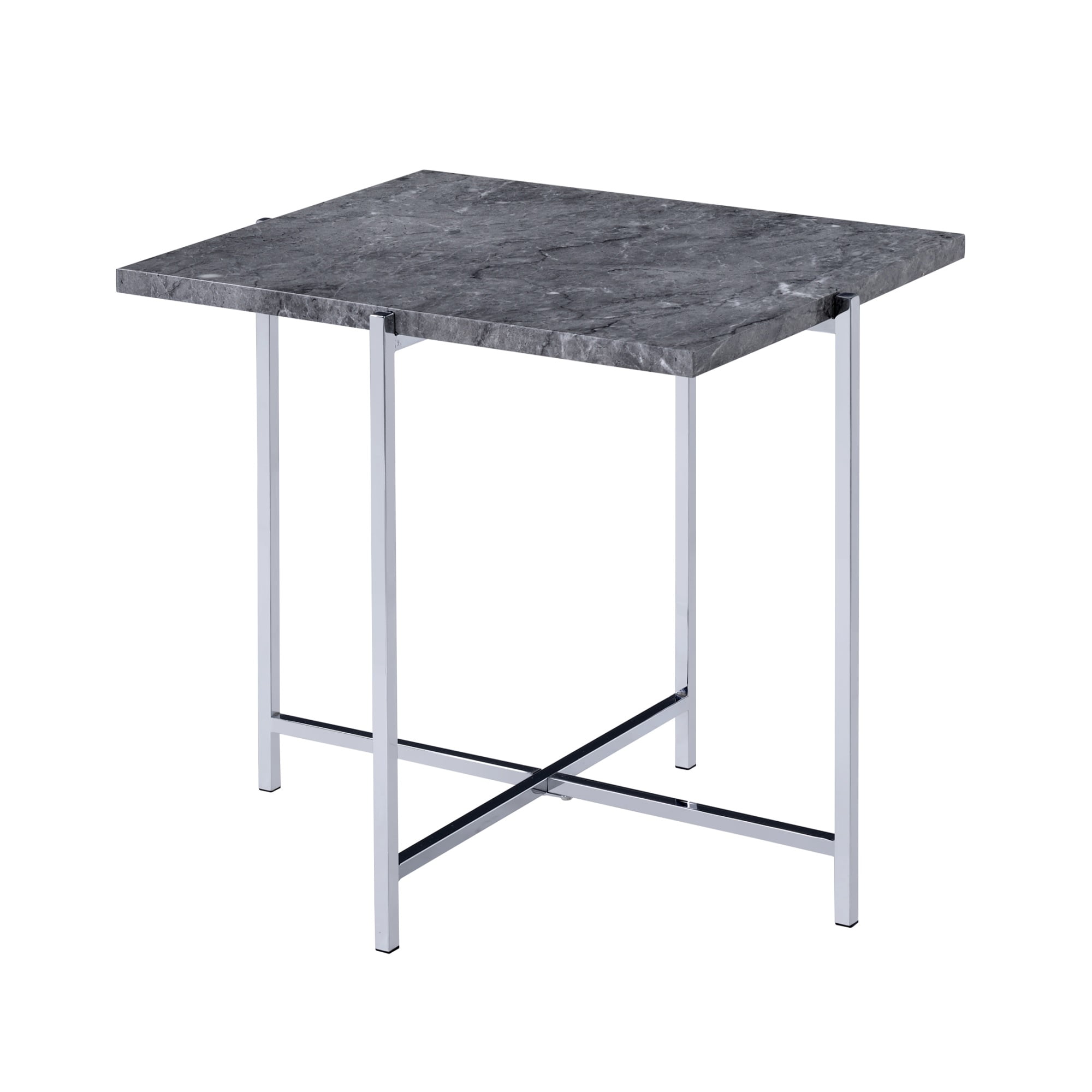 Contemporary Marble Top End Table with Trestle Base , Gray and Silver