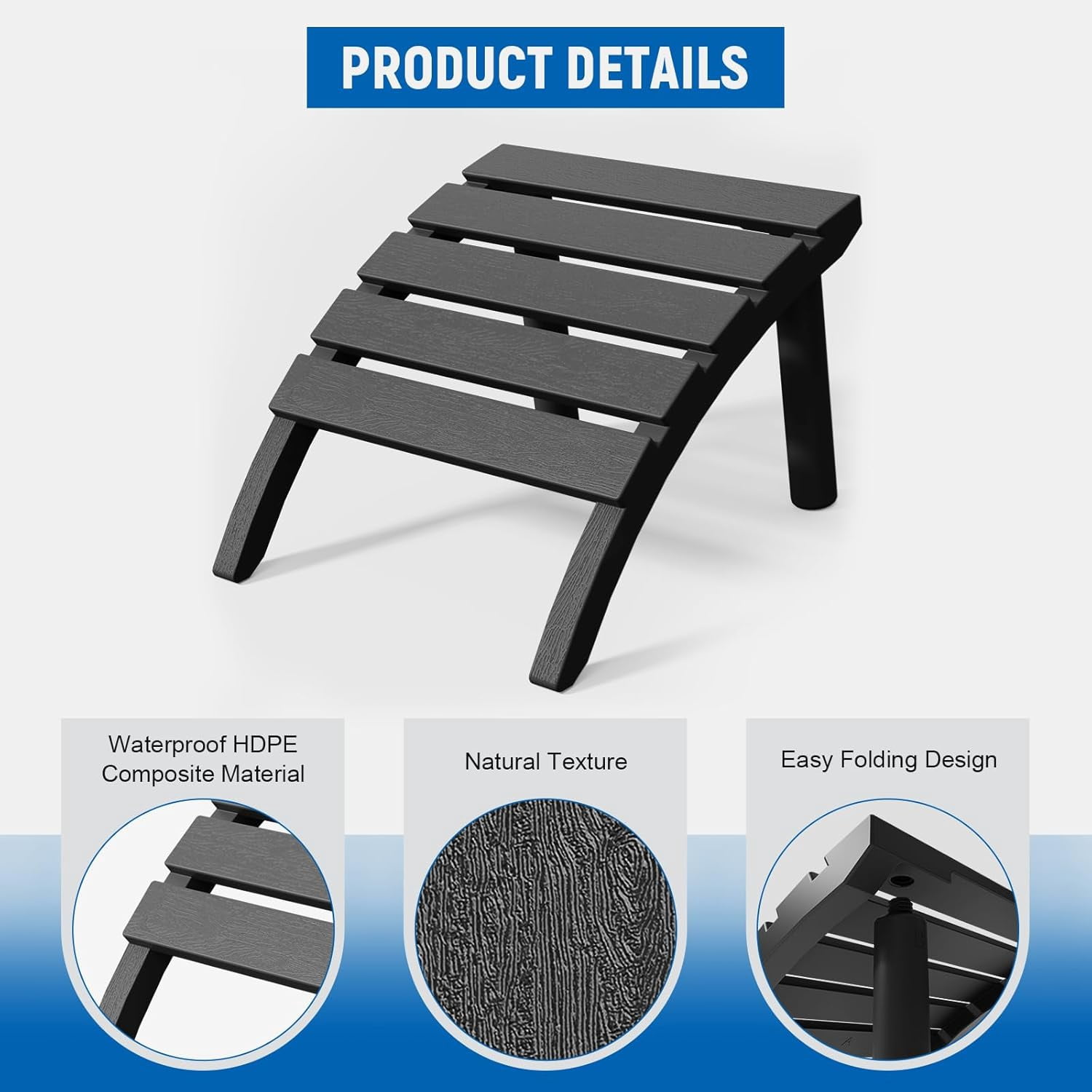 Adirondack Ottoman, HDPE Plastic Adirondack Chair Footstool, All Weather Outdoor Footrest for Patio, Backyard, Lawn, Fire Pits, Black