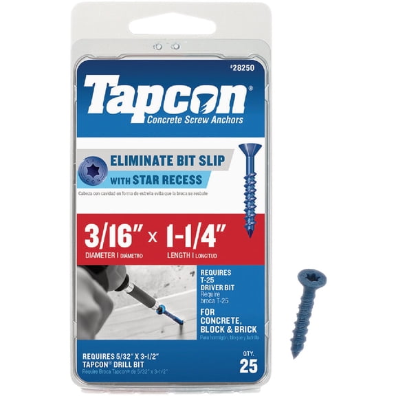 Tapcon 28250 3/16x1-1/4 Blue Star Drive Bugle Head Concrete Anchors 25/Box