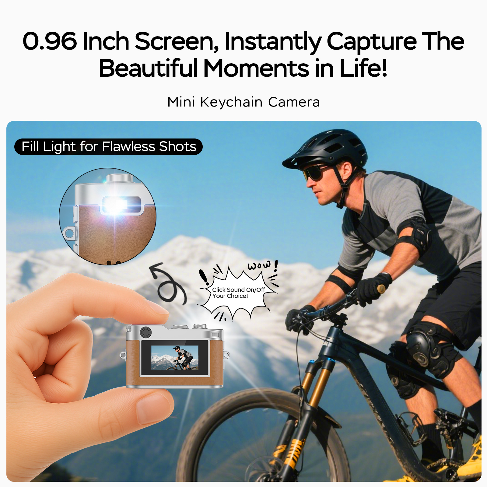 Mini Digital Camera,0.96" Small Keychain Camera,1080P Tiny Camera with 32GB Card, Fill-in light,Landyard,USB Cable for Travel, Concert, Study Recording, Gift for Kids Brown