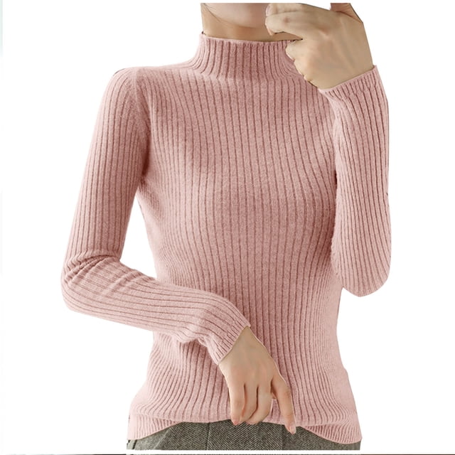 YUGYXL Sweaters for Women Slim Fit Ribbed Turtleneck High Neck Solid Color Long Sleeve Base Lightweight Winter Fall Pink S