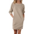 thumbnail image 2 of Cute Dresses for Women,Women's Casual Round Neck Five Quarter Sleeve Pocket Solid Color Dress Khaki Xl, 2 of 6