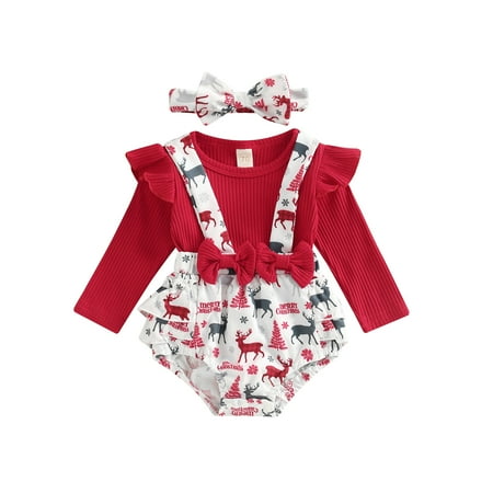 

Musuos Baby Girls Christmas Romper Set Long Sleeve Crew Neck Elk Print Bodysuit + Bowknot Headband