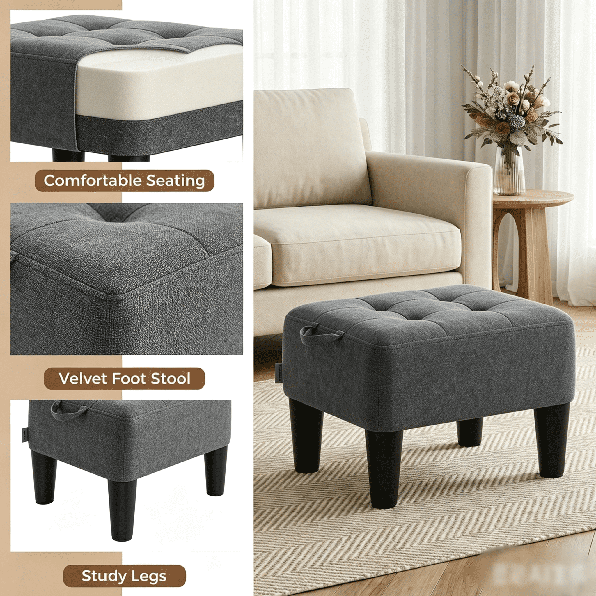 Ledrem Small Footstool Ottoman with Thick Cushion, Angled Legs, Hidden Storage Compartment, Dark Gray