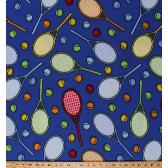 Fleece Tennis Rackets Balls Multi-Colored Racquets on Royal Blue Sports Fleece Fabric Print by the Yard (5809M-7B-royal)