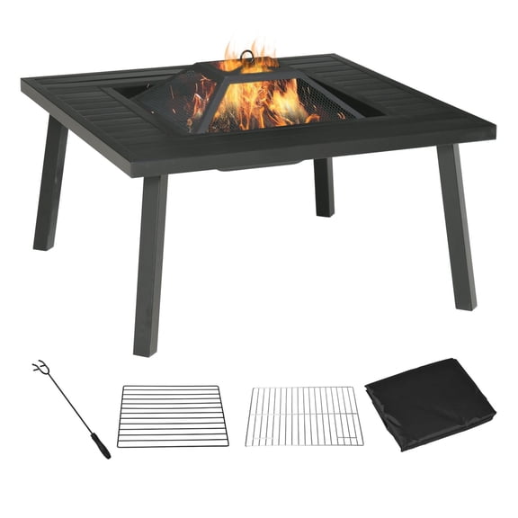 34" Wood Burning Fire Pit Table with Grill, Spark Guard & Cover - Outdoor Heating & Dining