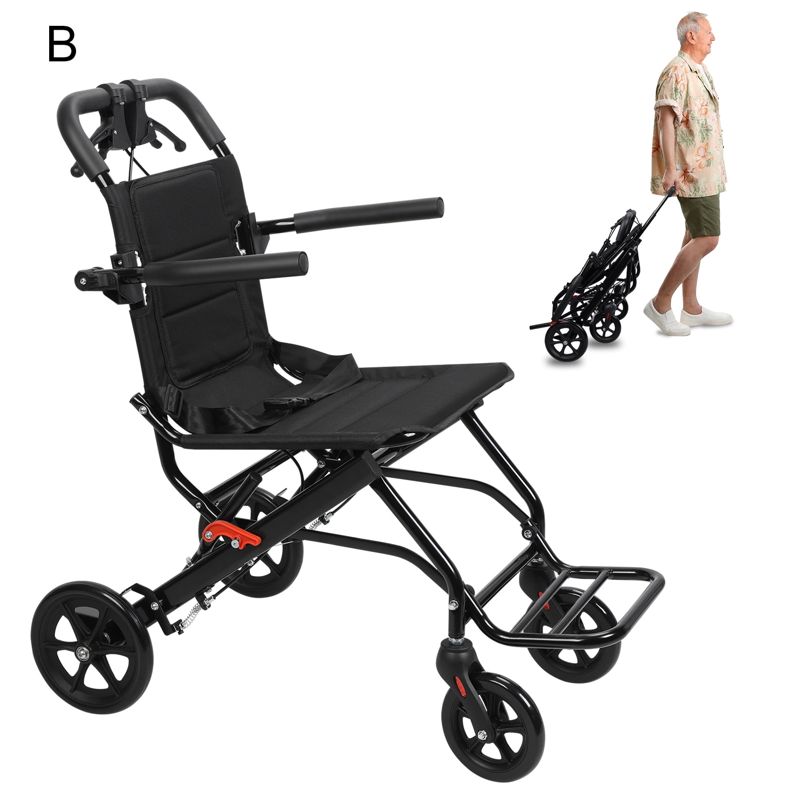 Meoldis Lightweight Foldable Transport Wheelchair - Narrow Design for Tight Spaces, 220 lb Capacity, with Safety Belt, All-Terrain Wheels & Portable Travel Frame